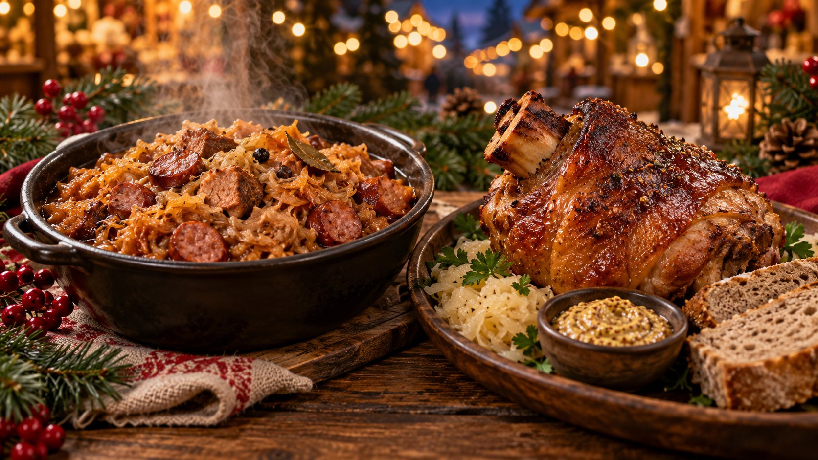 Bigos i pieczona golonka na świątecznym stole.